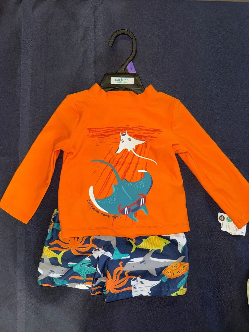 Carter's Bright Orange Long-Sleeve Rash Guard with Navy Sea Life Swim Shorts